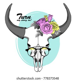 Vector animal skull with flowers and glasses