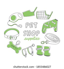 Vector animal supplies. Set of hand drawn icons - tag, comb, overalls, collar, bowl, bone, tape, leash, muzzle. Pet shop concept with text, isolated on white background