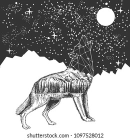 Vector animal tattoo or t-shirt print design. Howling wolf with polygonal head and nature combined with moonlit night sky.