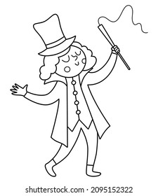 Icono de la línea del entrenador de animales vectores. Clásico de artista blanco y negro circo. Hombre de vacaciones de diversión. Cute y divertida página de colorear personajes del festival. Ilustración del comediante callejero
