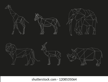 Vector animals of Africa on a black background. Set of geometric low poly illustrations in origami style.