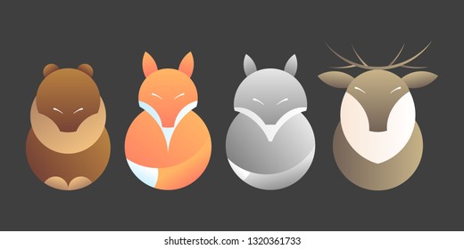 Vector animals balls set, Christmas decorations, toys, bear, fox, wolf, deer.