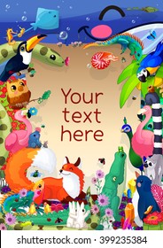 vector animals banner. Beautiful multicolored illustration with blank form for your text on different lovely animals and birds background. Clip art EPS 10 without mesh
