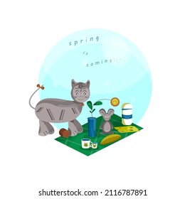 Vector animals cat and mouse having picnic on spring day. The outing basket includes sausage, a slice of cheese, bread, thermos with coffee or tea, vase with sunflower located on green carpet 