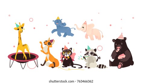 vector animals character in cartoon style, in paty hat set. Bear eating cake, fox dancing, raccoon whistling, elephant hippo running, giraffe jumping on trampoline, cat singing. Isolated illustration