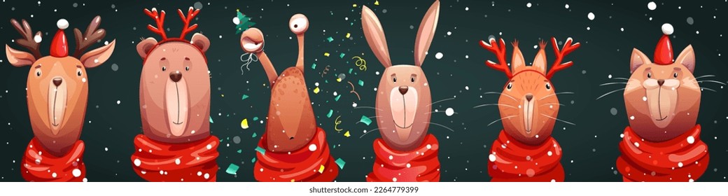 Vector animals in Christmas scarves, hats. With reindeer antlers. Christmas deer, bear, snail, hare, squirrel and cat, for postcards, decorations, design.