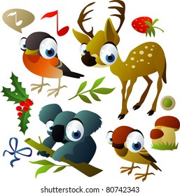 animales vectores: venado, pájaros, koala