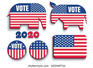 Vector animals donkey and elephant and american flag. Republican and democrat political parties USA. American political parties and USA flag. 