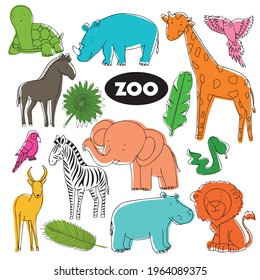 vector animals in doodle style. Set of design elements isolated on a white background.