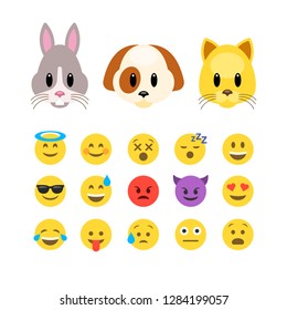 Vector animals emoji emoticons. Dog and cat animoji characters, flat design vector illustration. Puppy Kitten icon set. Funny style face emotions.