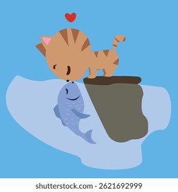 Vector animals fish and kitten, friendship, love, together. Blue background.