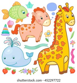 Vector animals flowers berry frout mammal wild set