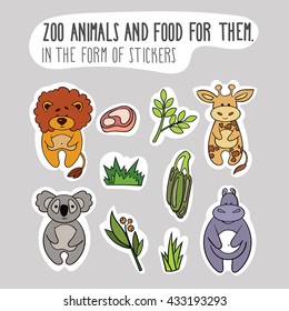 Vector Animals and food for them. In the form of stickers. Giraffe. Lion. Hippopotamus. Koala.
