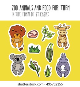 Vector Animals and food for them. In the form of stickers. Giraffe. Lion. Hippopotamus. Koala.
