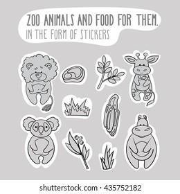 Vector Animals and food for them. In the form of stickers. Giraffe. Lion. Hippopotamus. Koala.
