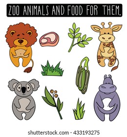 Vector Animals and food for them.  Giraffe. Lion. Hippopotamus. Koala.