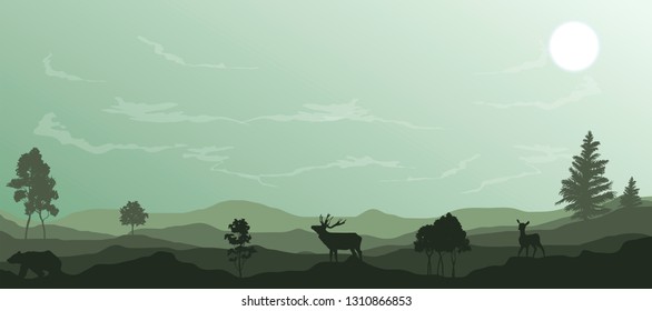 vector animals in the forest illustration, silhouettes and cloudy sky