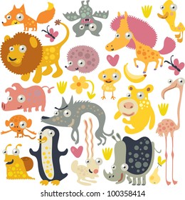vector animals: fox, bat, horse, duck, hedgehog, lion, chicken, flamingo, rhinoceros, wolf, pig, monkey, penguin, snail and hare