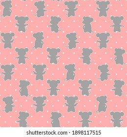 vector animals. gray mice on pink dotted repetitive background. baby seamless pattern. fabric swatch. wrapping paper. continuous print. design element for home decor, apparel, phone case, textile