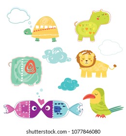 vector animals, hippo elephant turtle fishes bird lion