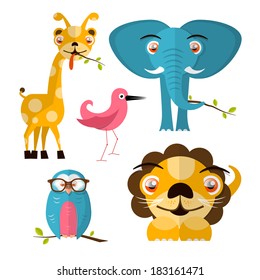 Vector Animals Illustration - Giraffe Owl Bird Lion and Elephant