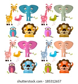 Vector Animals Illustration Set - Giraffe Owl Bird Lion and Elephant
