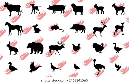 Vector animals meat icons. Cow, calf, pig, sheep, lamb, goat, horse, rabbit, nutria, boar, deer, roe deer, hare, bear, elk, chicken, turkey, goose, duck, mallard, pheasant, partridge, ostrich , dove