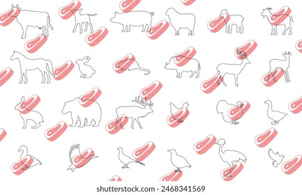 Vector animals meat icons. Cow, calf, pig, sheep, lamb, goat, horse, rabbit, nutria, boar, deer, roe deer, hare, bear, elk, chicken, turkey, goose, duck, mallard, pheasant, partridge, ostrich, dove