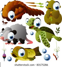 vector animals: pangolin, marmot, opossum, turtle, fish