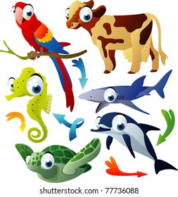 vector animals: parrot, cow, shark, seahorse, dolphin, turtle