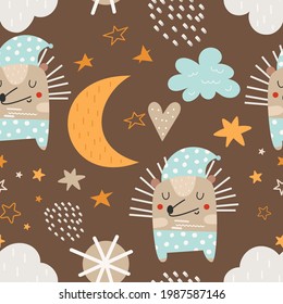 Vector animals patterns baby nursery art. Wallpaper design kids illustration. Cute sleeping hedgehog on dark background.