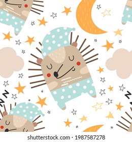 Animales vectoriales patrones de arte infantil. Papel tapiz diseño ilustración infantil. Cuto hedgehog durmiente en el fondo del cielo.