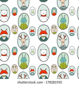 Vector animals portraits: bear, deer, rabbit, fox. Seamless pattern on white background