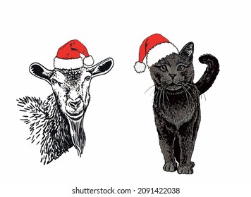 Vektortiere auf rotem Hut des Weihnachtsmanns auf Weiß einzeln