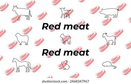 Vector animals. Red meat, outline icons. Cow, calf, pig, sheep, lamb, goat, horse, rabbit, nutria. Meat of mammals and birds, which has red shades due to the presence of the protein myoglobin.