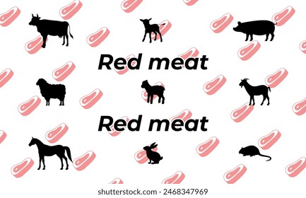 Vector animals. Red meat, solid icons. Cow, calf, pig, sheep, lamb, goat, horse, rabbit, nutria. Meat of mammals and birds, which has red shades due to the presence of the protein myoglobin