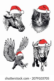 Vector animals in Santa Claus red hats , Christmas elements cow, bull, cat and owl