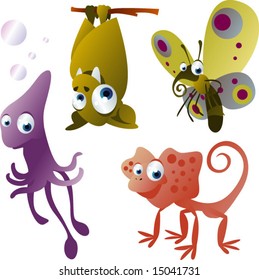 vector animals set 10: bat, butterfly, squid and lizard