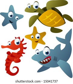 vector animals set 9: starfish, turtle, shark and sea horse