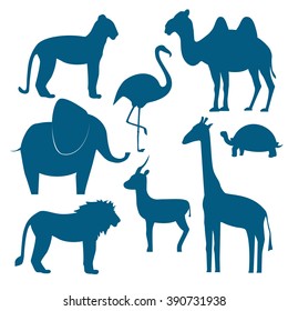 Vector animals set including giraffe, turtle, elephant, lion, leopard, flamingo, gazelle, camel / Flat design /Vector illustration silhouette of animals