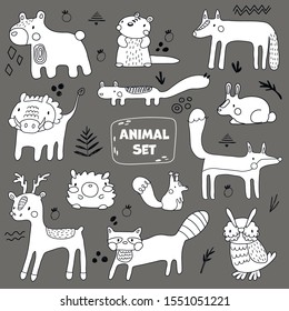 Vector animals set. 
Isolated forest animals in scandinavian style on a gray background. Vector illustration
