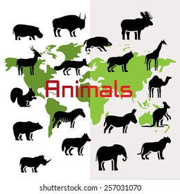 Vector animals silhouettes on world map, flat style