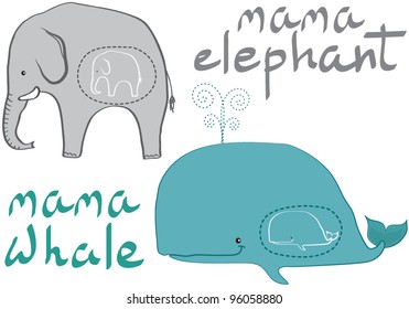 Vector animals soon to be mamas - Whale and Elephant