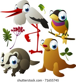 vector animals: stork, finch, badger, seal