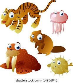 vector animals: tiger, walrus, jelly fish, beaver, fish