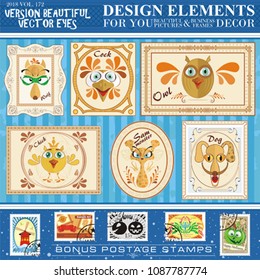 Vector animals in vintage frames on a blue wall, plus postage stamps