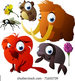 vector animals: vole, fly, mammoth, tamarin, sea cow