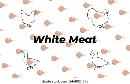 Vector animals, white meat icons. Outline signs. Chicken, turkey, goose, duck. Colored, chicken leg pattern, backgraund. Popular meat concept.