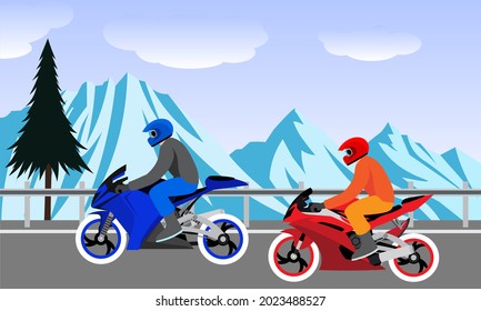 Vector animation racing motor. Racing on mountain roads