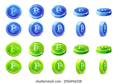 Vector animation rotation Blue and green 3D Bitcoin coins. Digital or Virtual currencies and electronic cash.